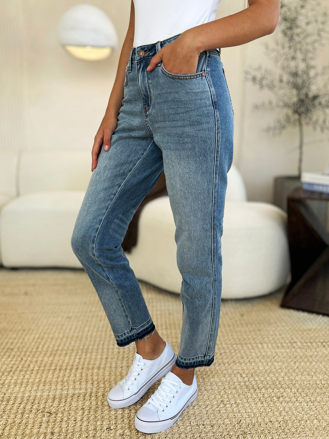 Judy Blue Full Size Mid Rise Rigid Magic Release Hem Jeans - Tote and Lounge