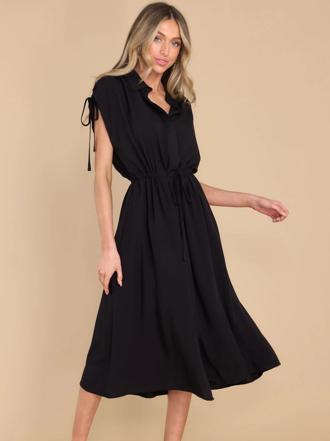 Drawstring Collared Neck Short Sleeve Midi Dress - Tote and Lounge
