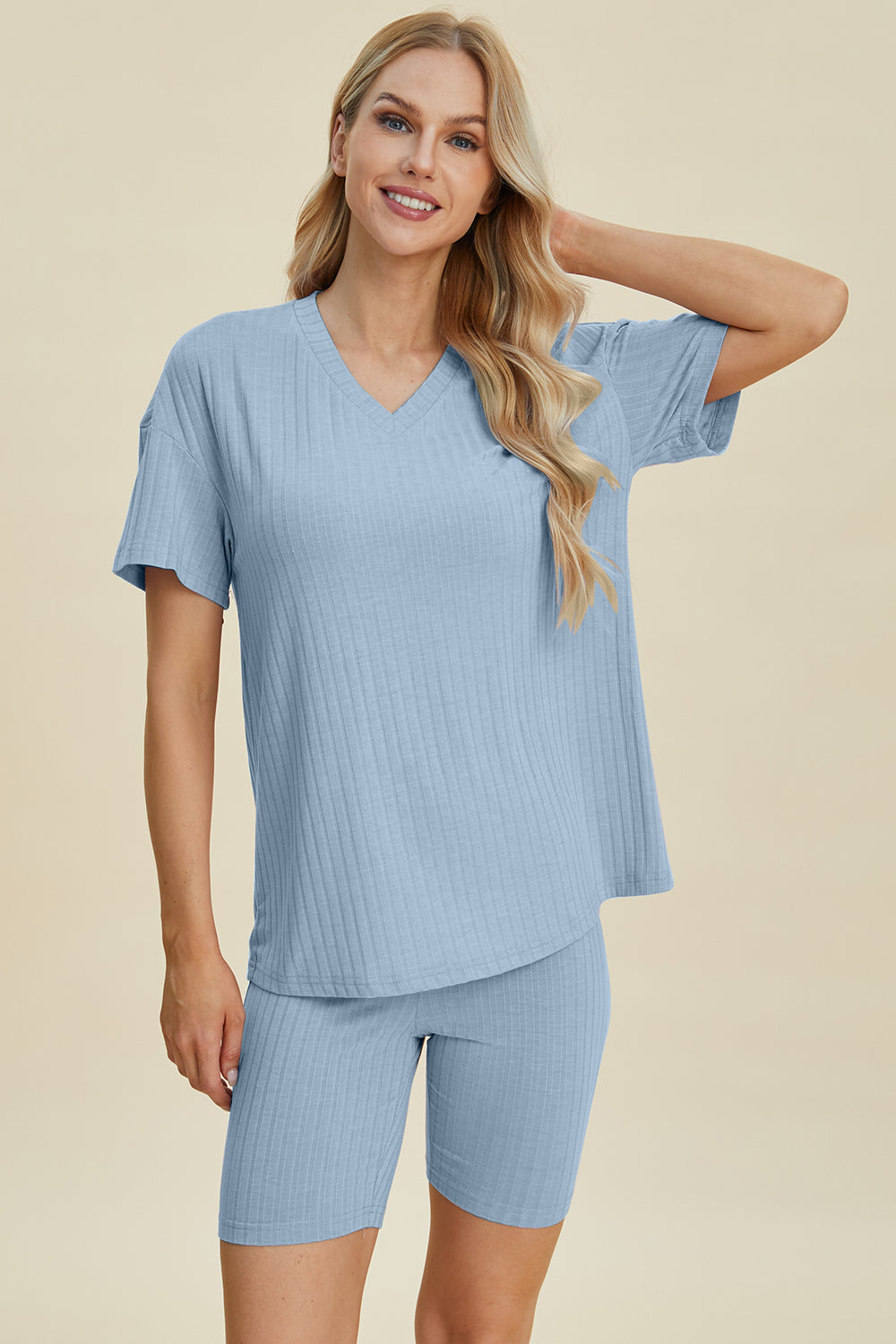 Basic Bae Full Size Ribbed V-Neck Short Sleeve Top and Shorts Set - Tote and Lounge
