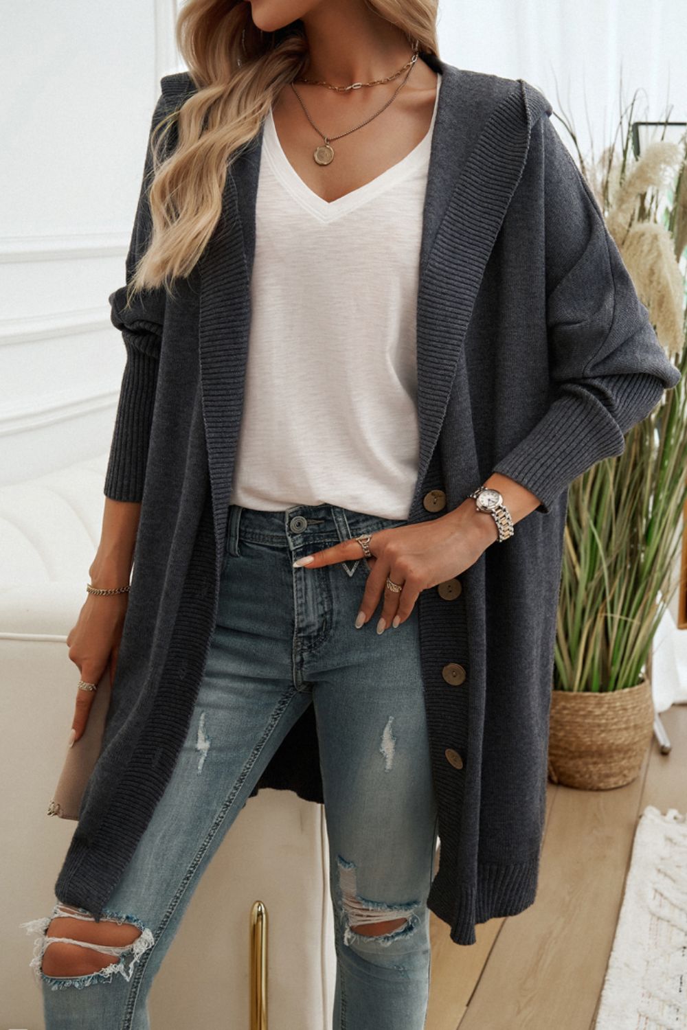 Button Up Long Sleeve Hooded Cardigan - Tote and Lounge