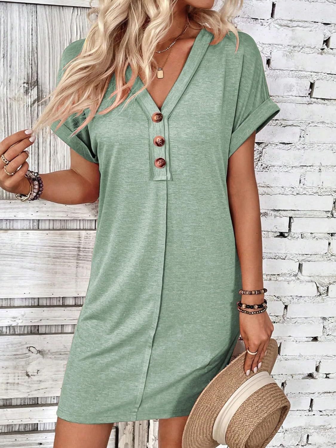 Quarter Button V-Neck Short Sleeve Dress - Tote and Lounge