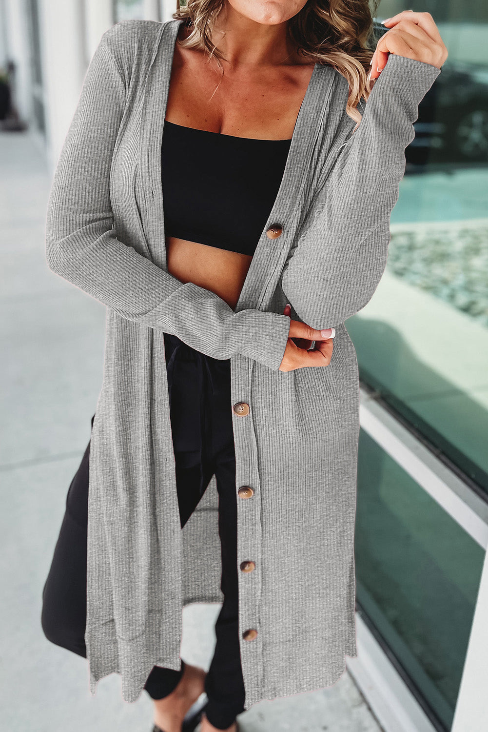 Button Up High-Low Long Sleeve Slit Cardigan - Tote and Lounge