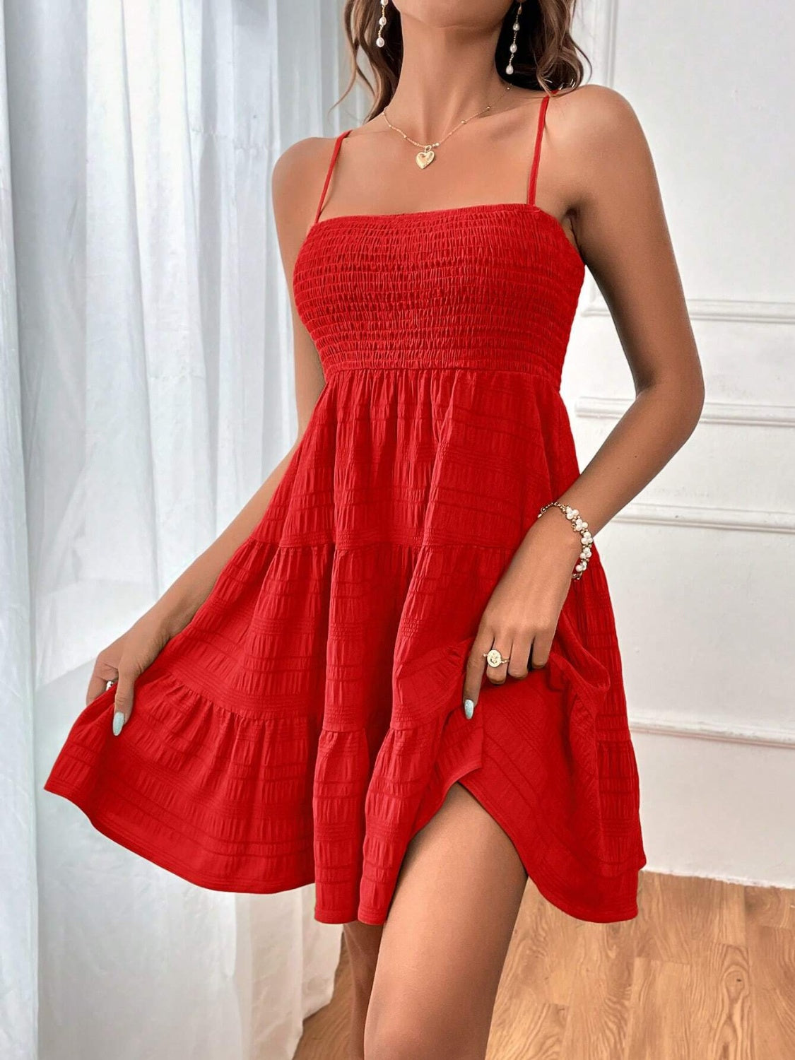 Smocked Tiered Sleeveless Mini Dress - Tote and Lounge