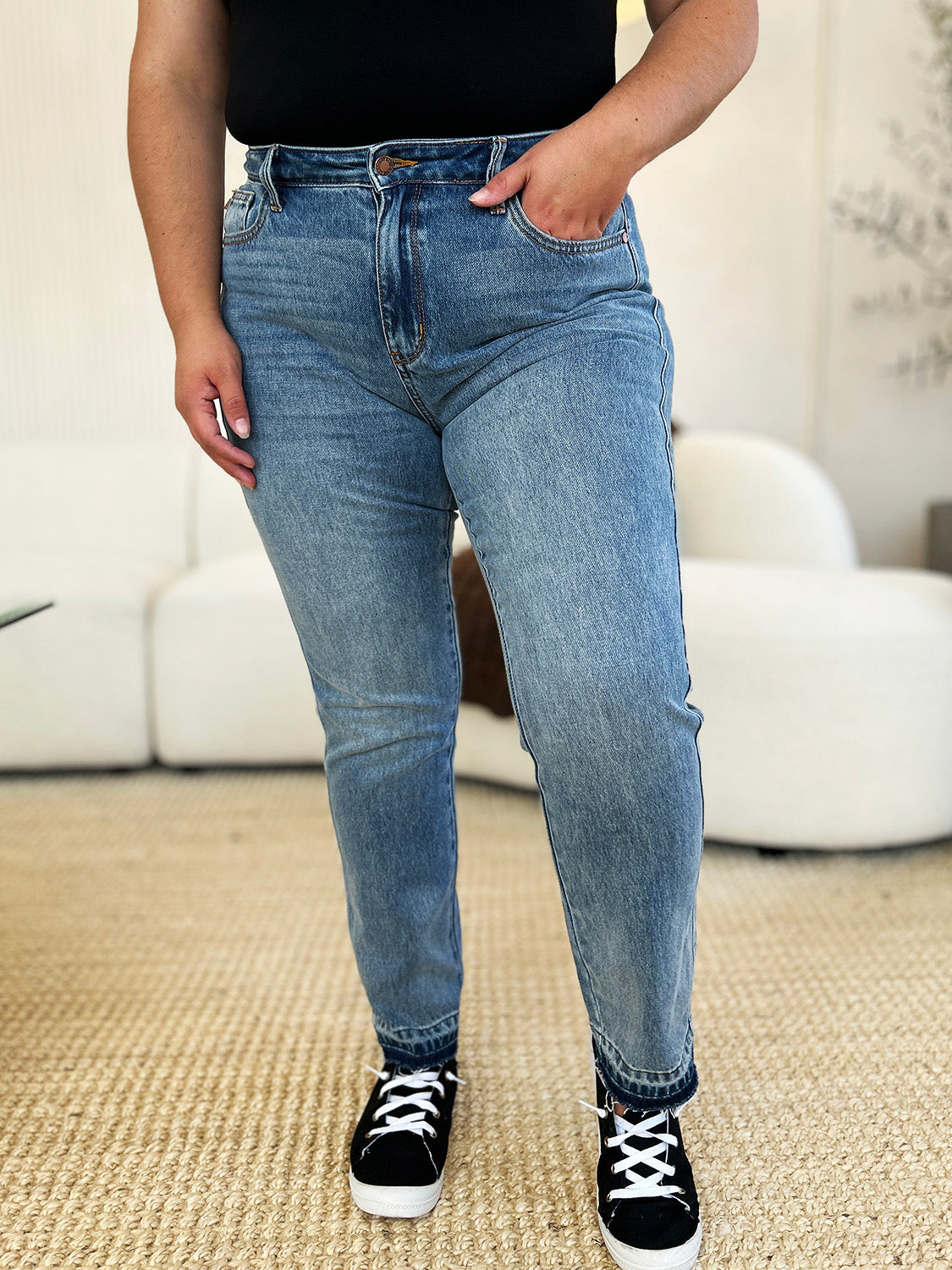 Judy Blue Full Size Mid Rise Rigid Magic Release Hem Jeans - Tote and Lounge