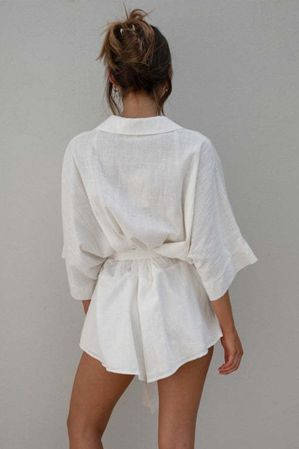 Tied Button Up Collared Neck Romper - Tote and Lounge