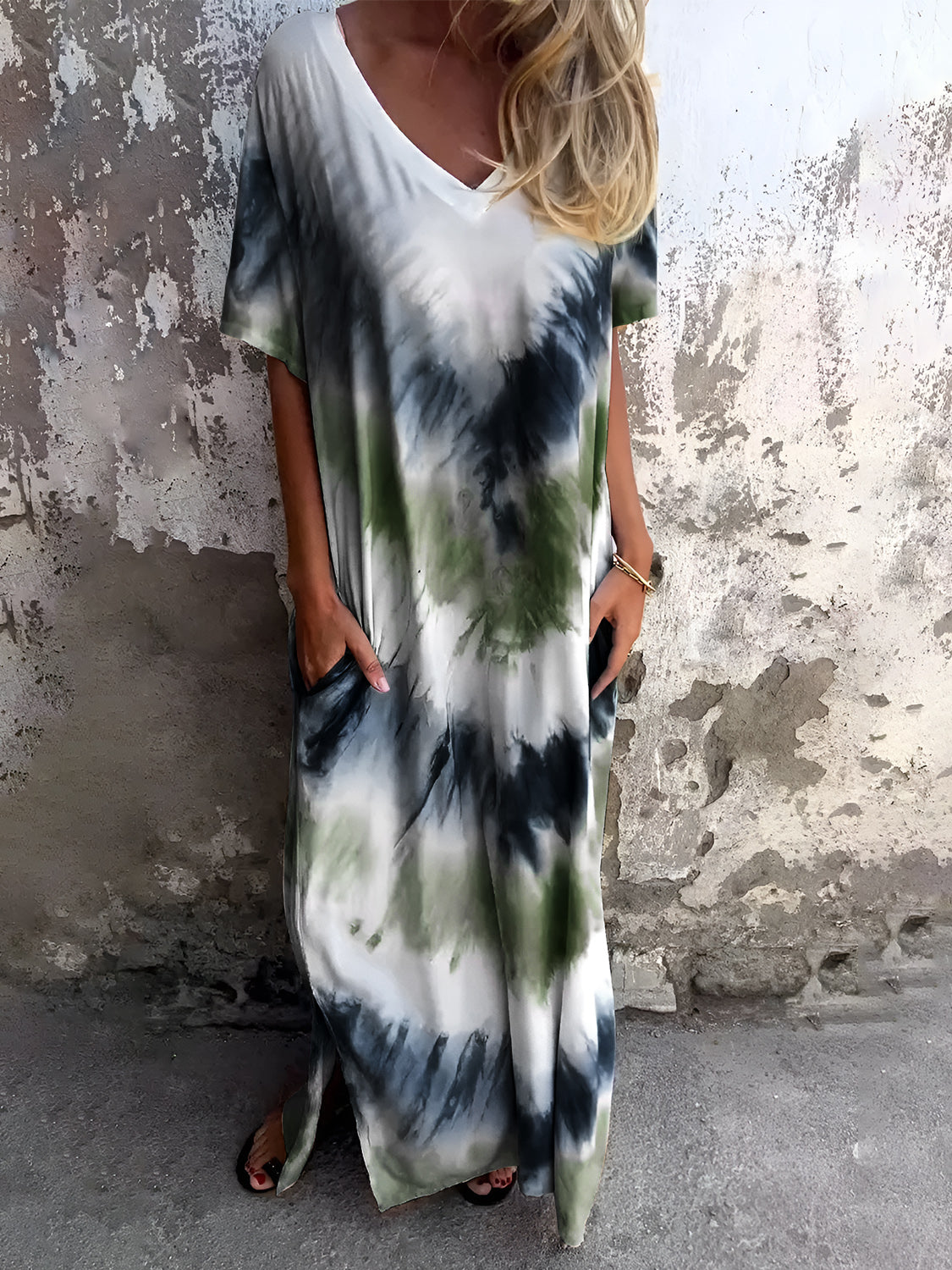 Full Size Pocketed Tie-Dye Short Sleeve Dress - Tote and Lounge