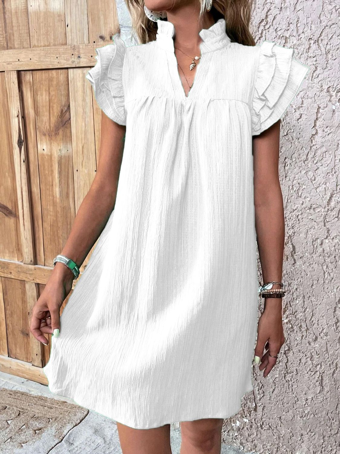 Ruffled Notched Cap Sleeve Mini Dress - Tote and Lounge