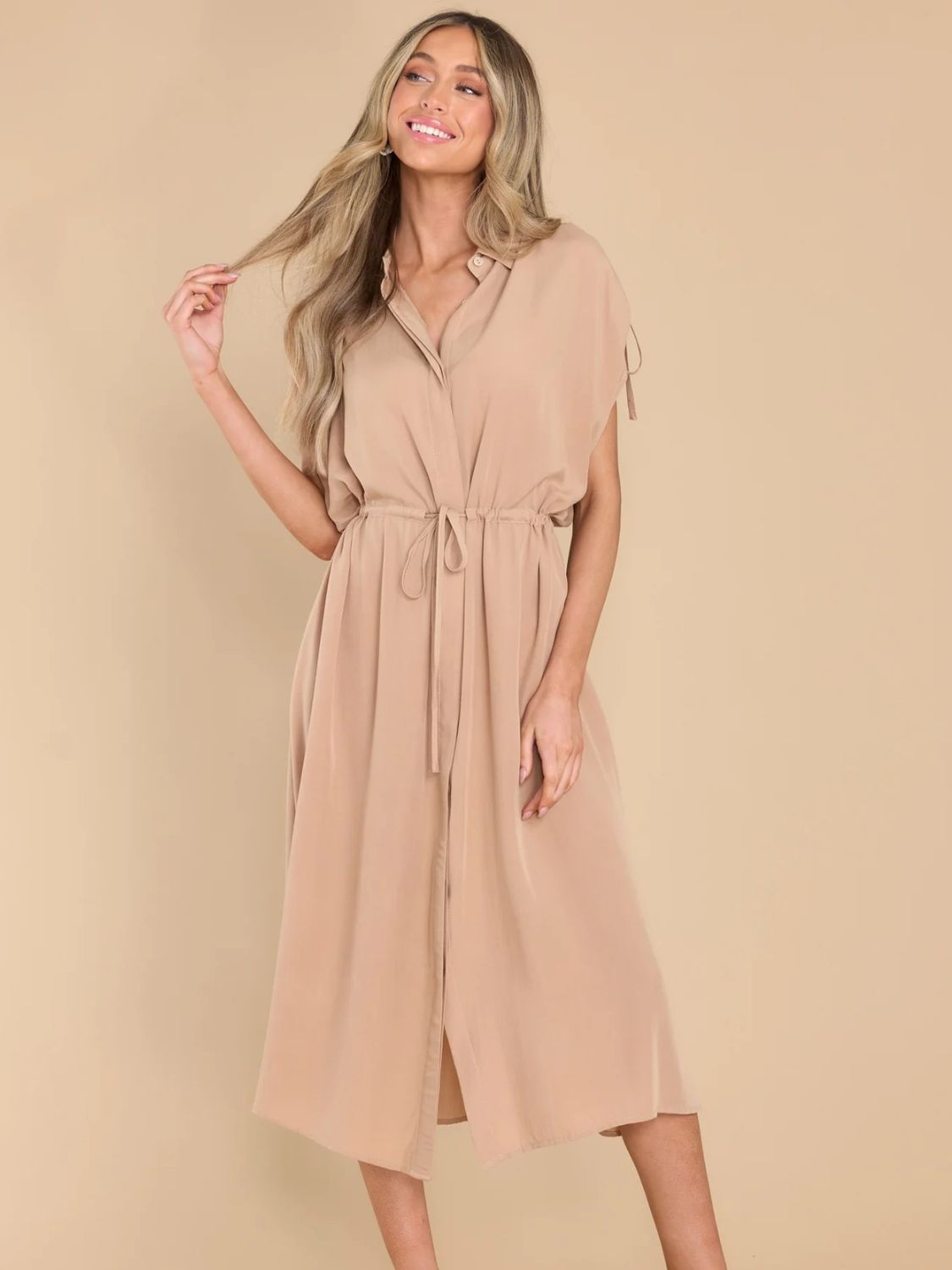 Drawstring Collared Neck Short Sleeve Midi Dress - Tote and Lounge