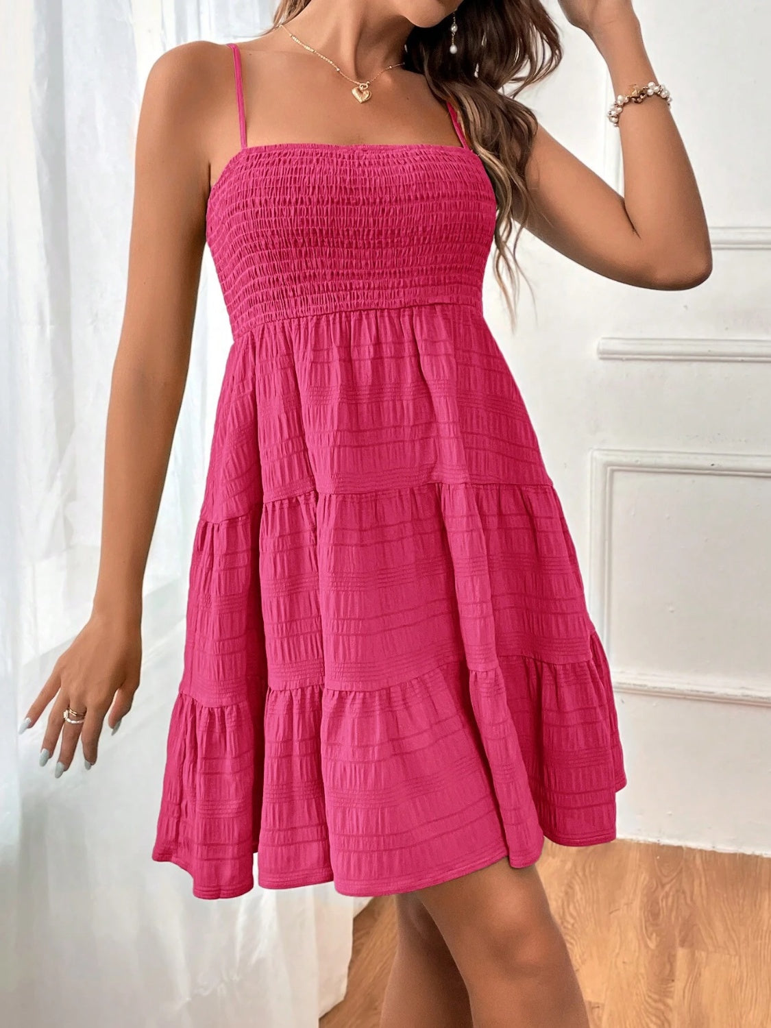 Smocked Tiered Sleeveless Mini Dress - Tote and Lounge