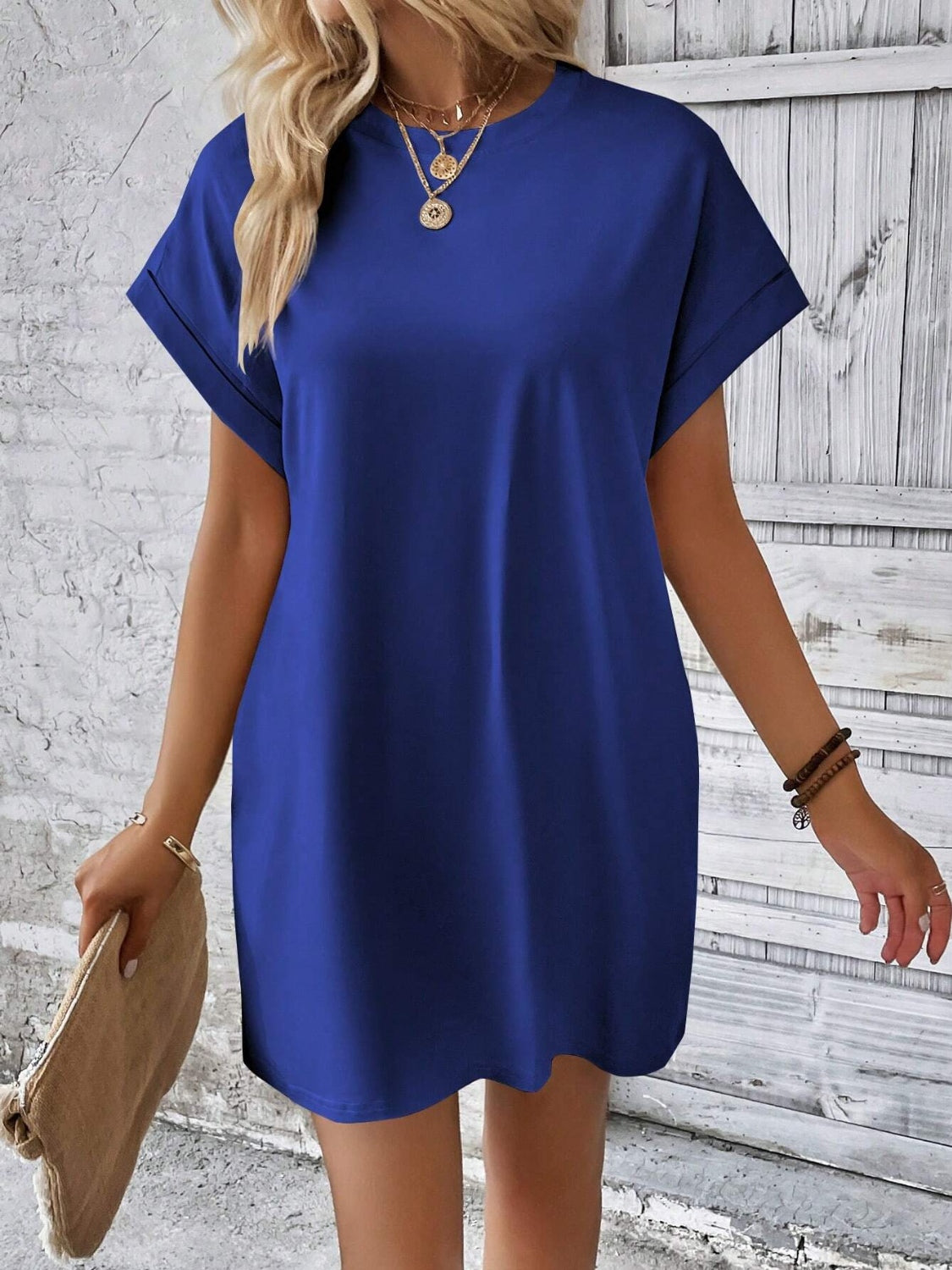 Round Neck Short Sleeve Mini Dress - Tote and Lounge