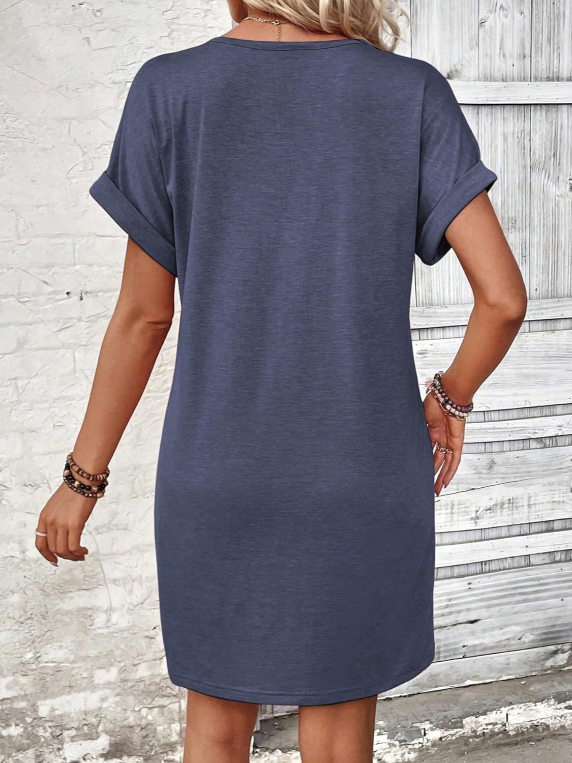 Quarter Button V-Neck Short Sleeve Dress - Tote and Lounge