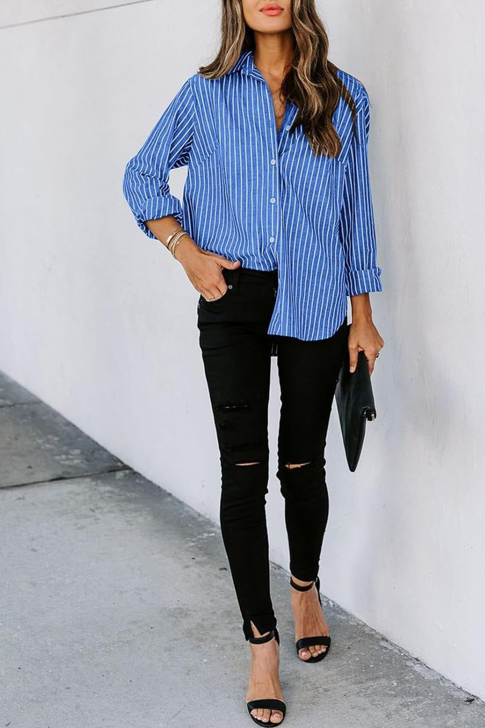 Striped Button Up Long Sleeve Shirt - Tote and Lounge