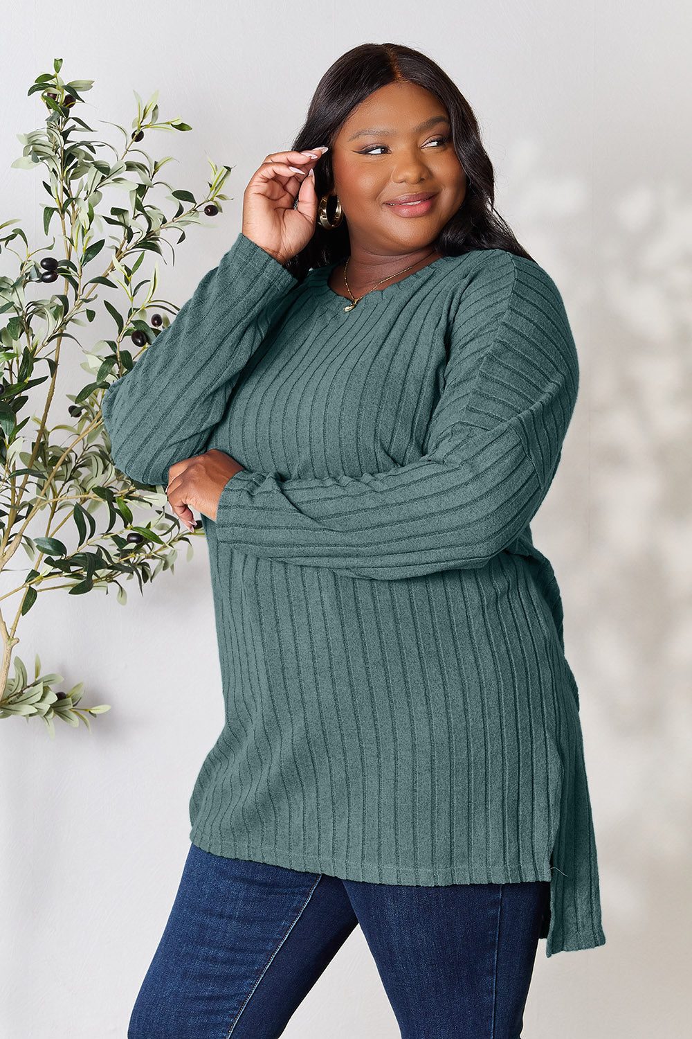 Basic Bae Full Size Ribbed Round Neck Long Sleeve Slit Top - Tote and Lounge