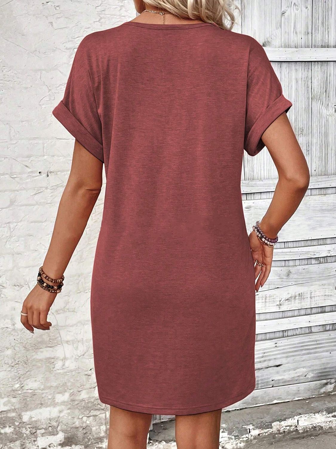Quarter Button V-Neck Short Sleeve Dress - Tote and Lounge