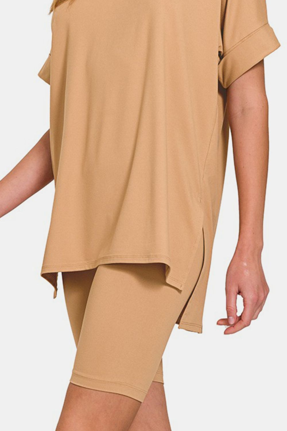 Zenana V-Neck Short Sleeve T-Shirt and Biker Shorts Set - Tote and Lounge