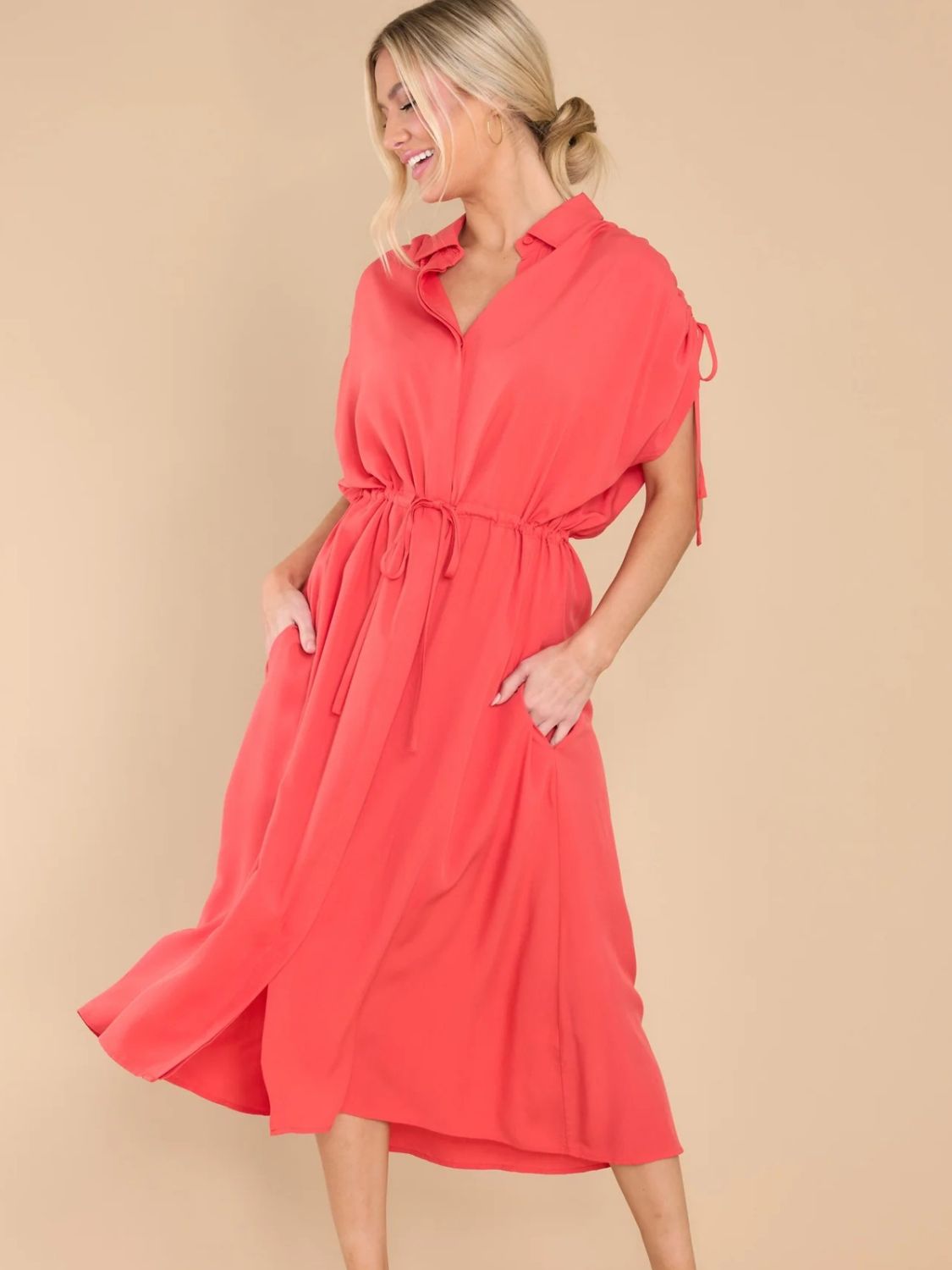 Drawstring Collared Neck Short Sleeve Midi Dress - Tote and Lounge