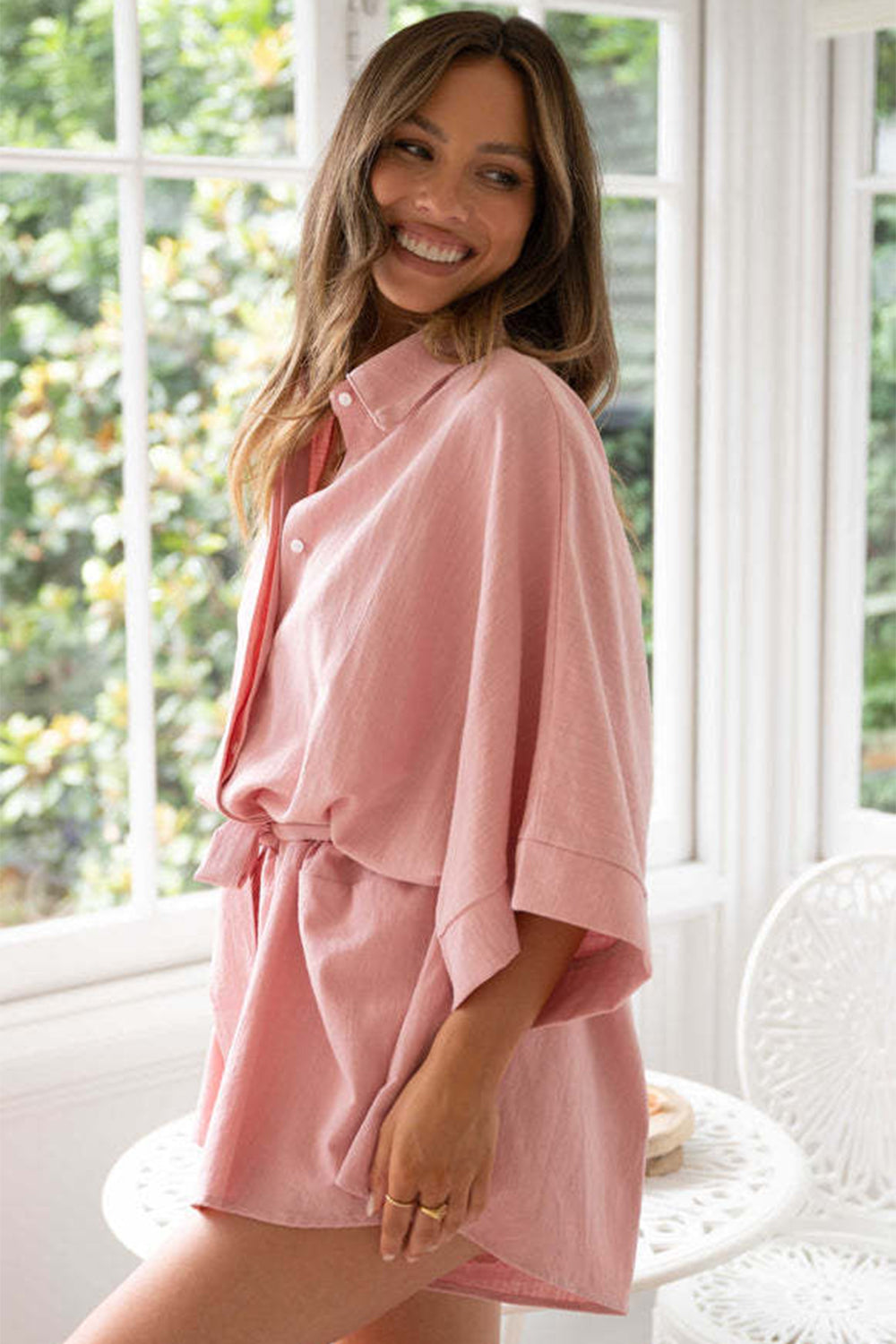 Tied Button Up Collared Neck Romper - Tote and Lounge