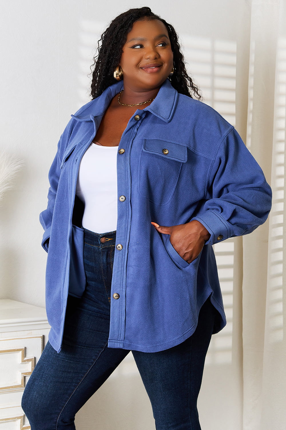 Heimish Cozy Girl Full Size Button Down Shacket - Tote and Lounge