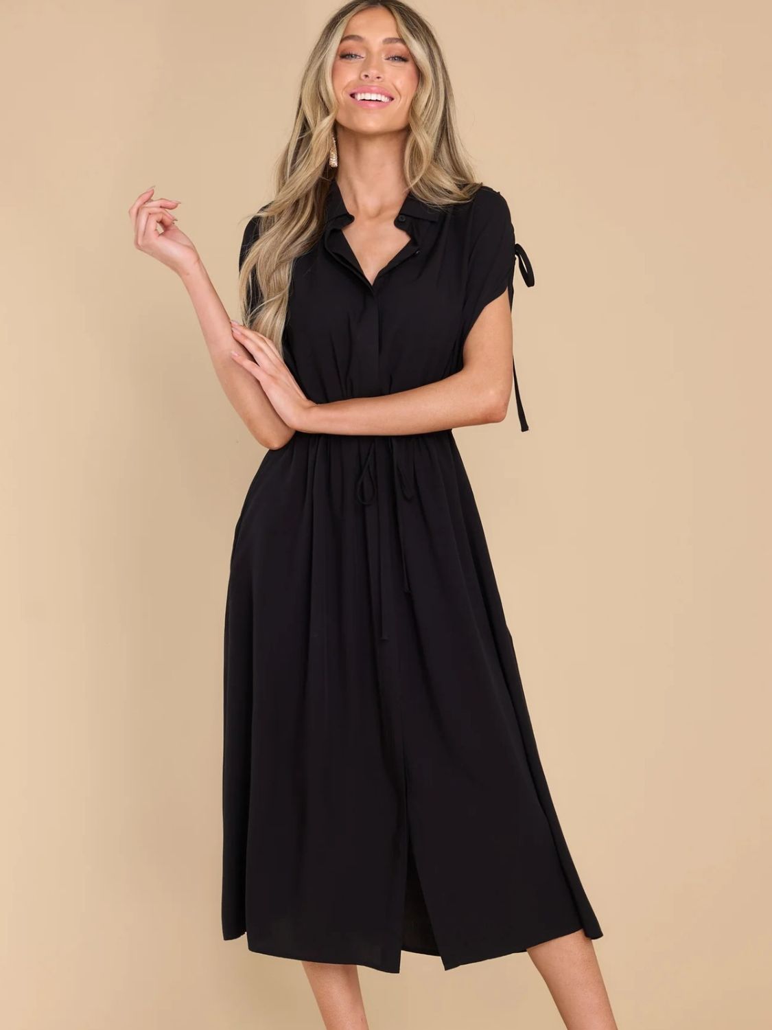 Drawstring Collared Neck Short Sleeve Midi Dress - Tote and Lounge