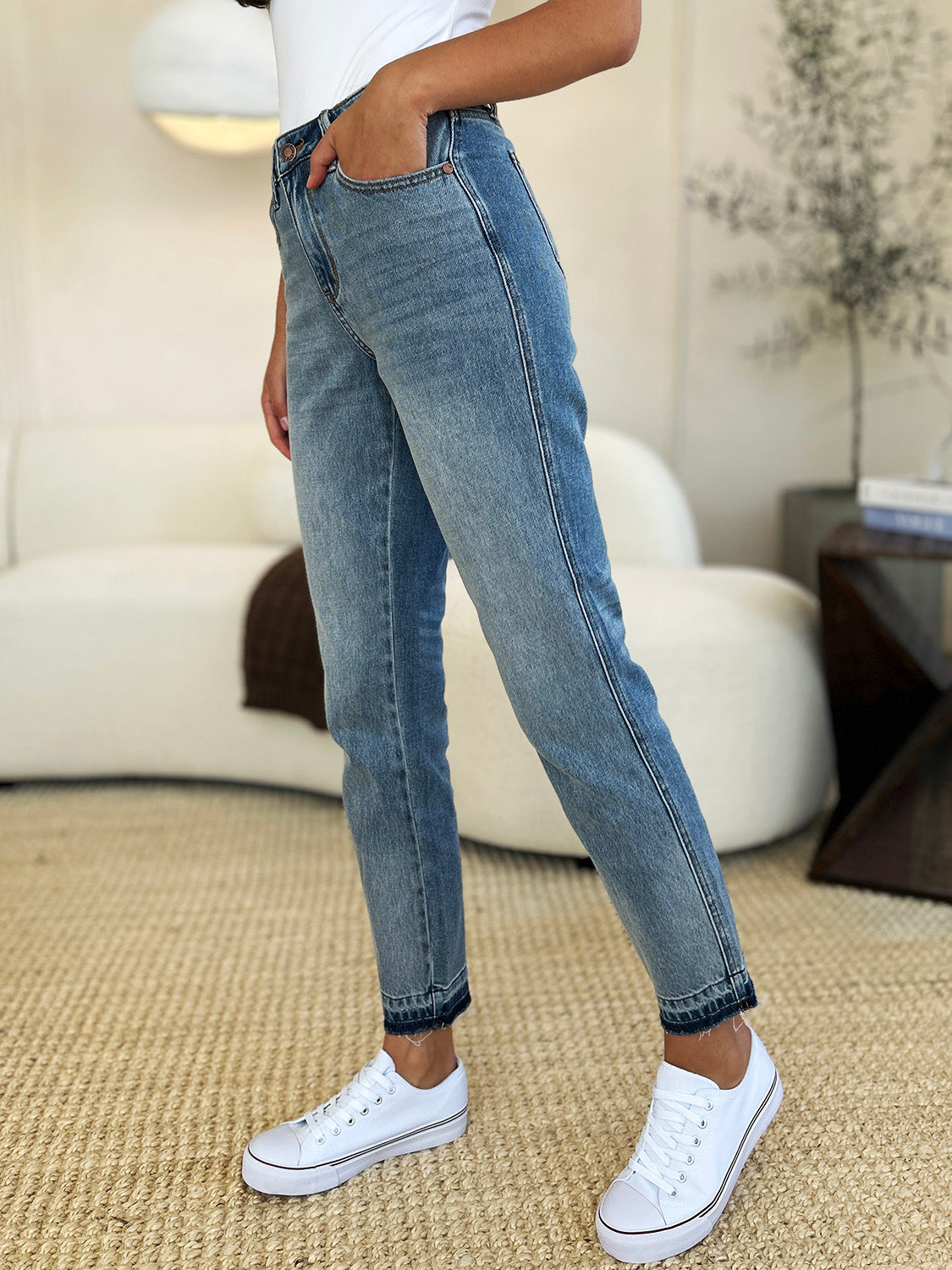 Judy Blue Full Size Mid Rise Rigid Magic Release Hem Jeans - Tote and Lounge