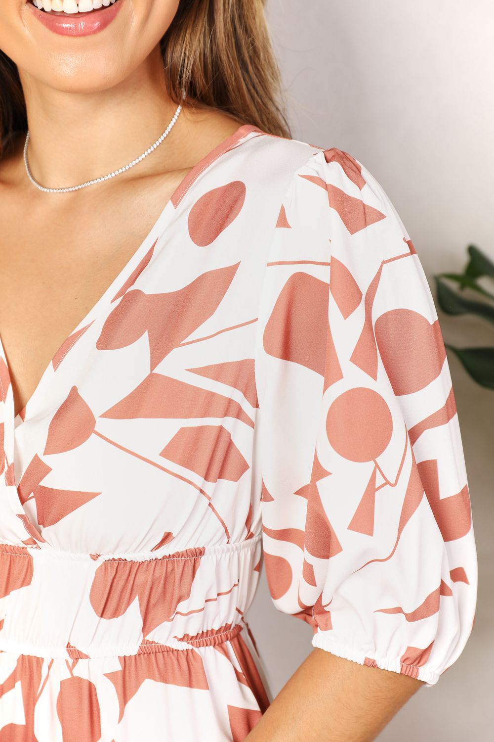Printed Surplice Balloon Sleeve Dress - Tote and Lounge