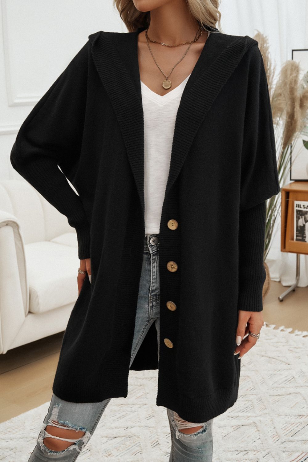 Button Up Long Sleeve Hooded Cardigan - Tote and Lounge