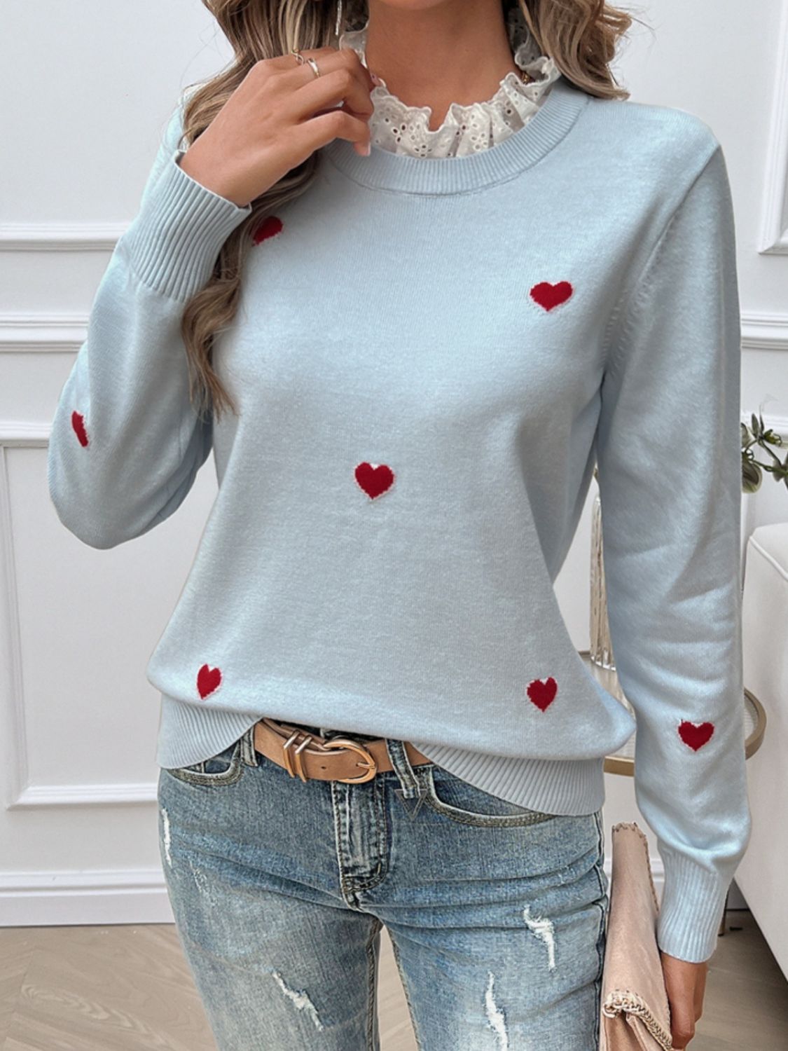 Lace Detail Heart Long Sleeve Sweater - Tote and Lounge