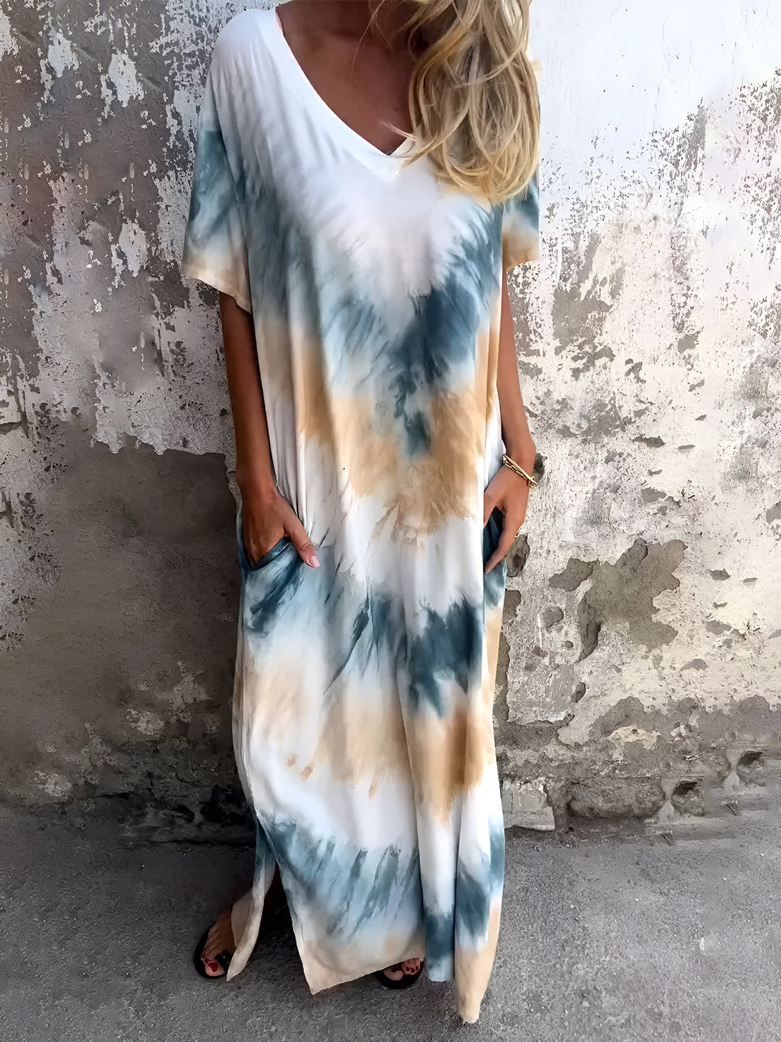 Full Size Pocketed Tie-Dye Short Sleeve Dress - Tote and Lounge