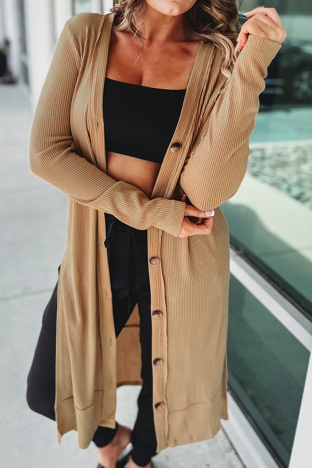 Button Up High-Low Long Sleeve Slit Cardigan - Tote and Lounge