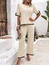 Contrast Trim Round Neck Top and Pants Set - Tote and Lounge