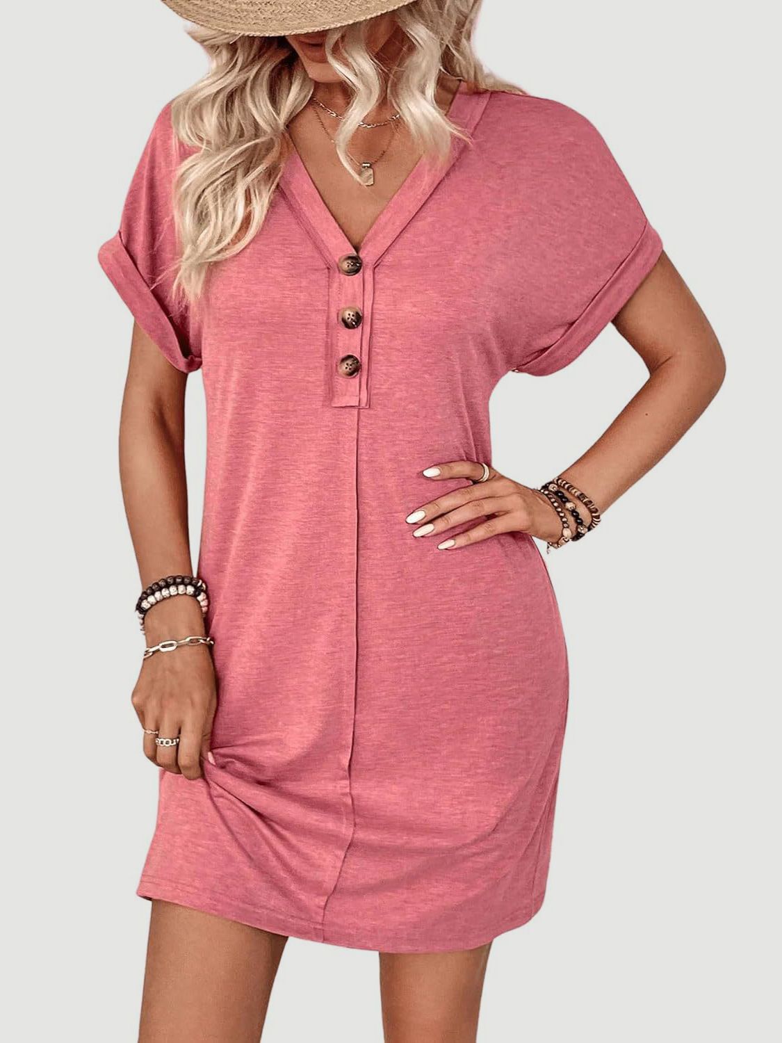 Quarter Button V-Neck Short Sleeve Dress - Tote and Lounge