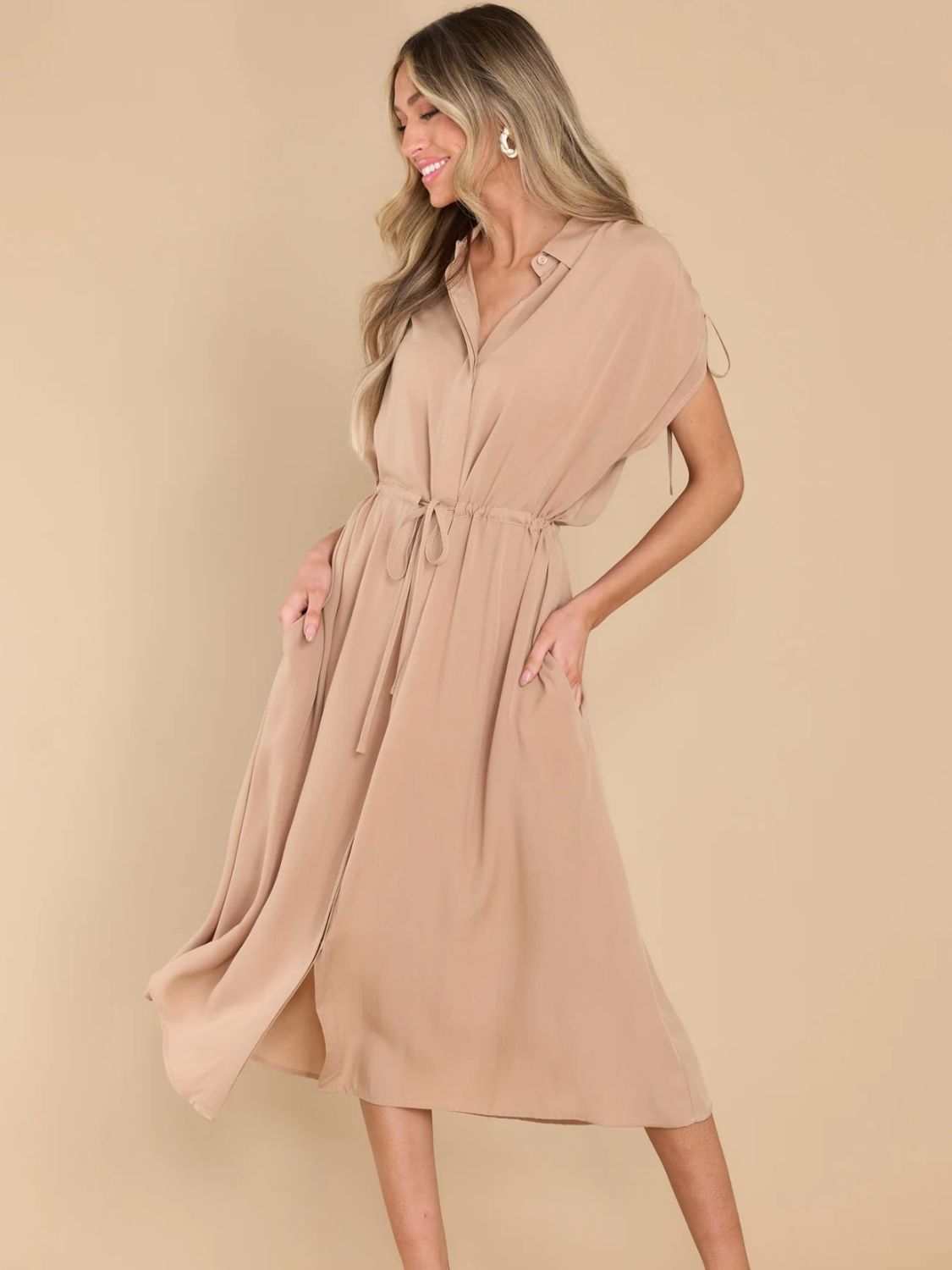 Drawstring Collared Neck Short Sleeve Midi Dress - Tote and Lounge