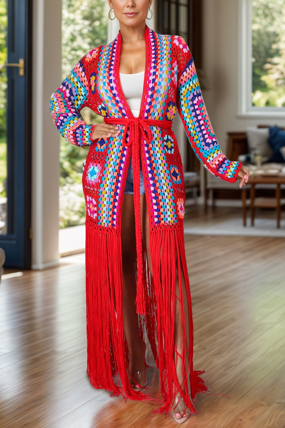 Fringe Tied Long Sleeve Cardigan - Tote and Lounge