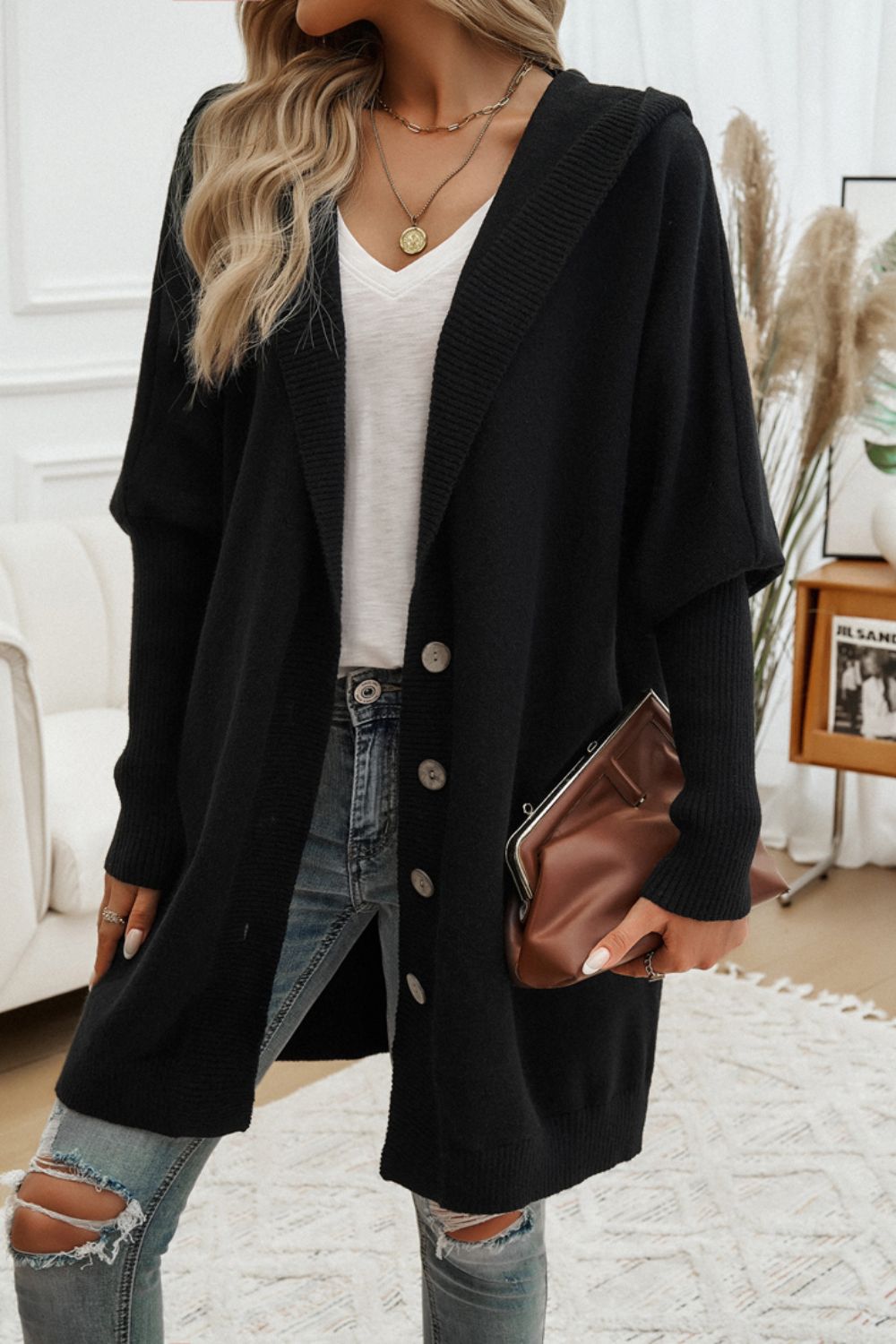 Button Up Long Sleeve Hooded Cardigan - Tote and Lounge