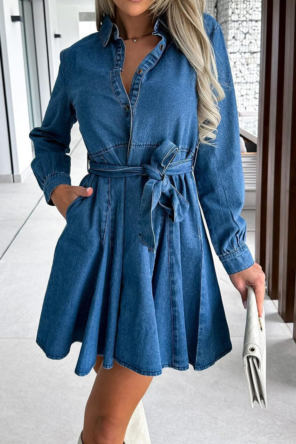 Tied Half Button Long Sleeve Denim Dress - Tote and Lounge