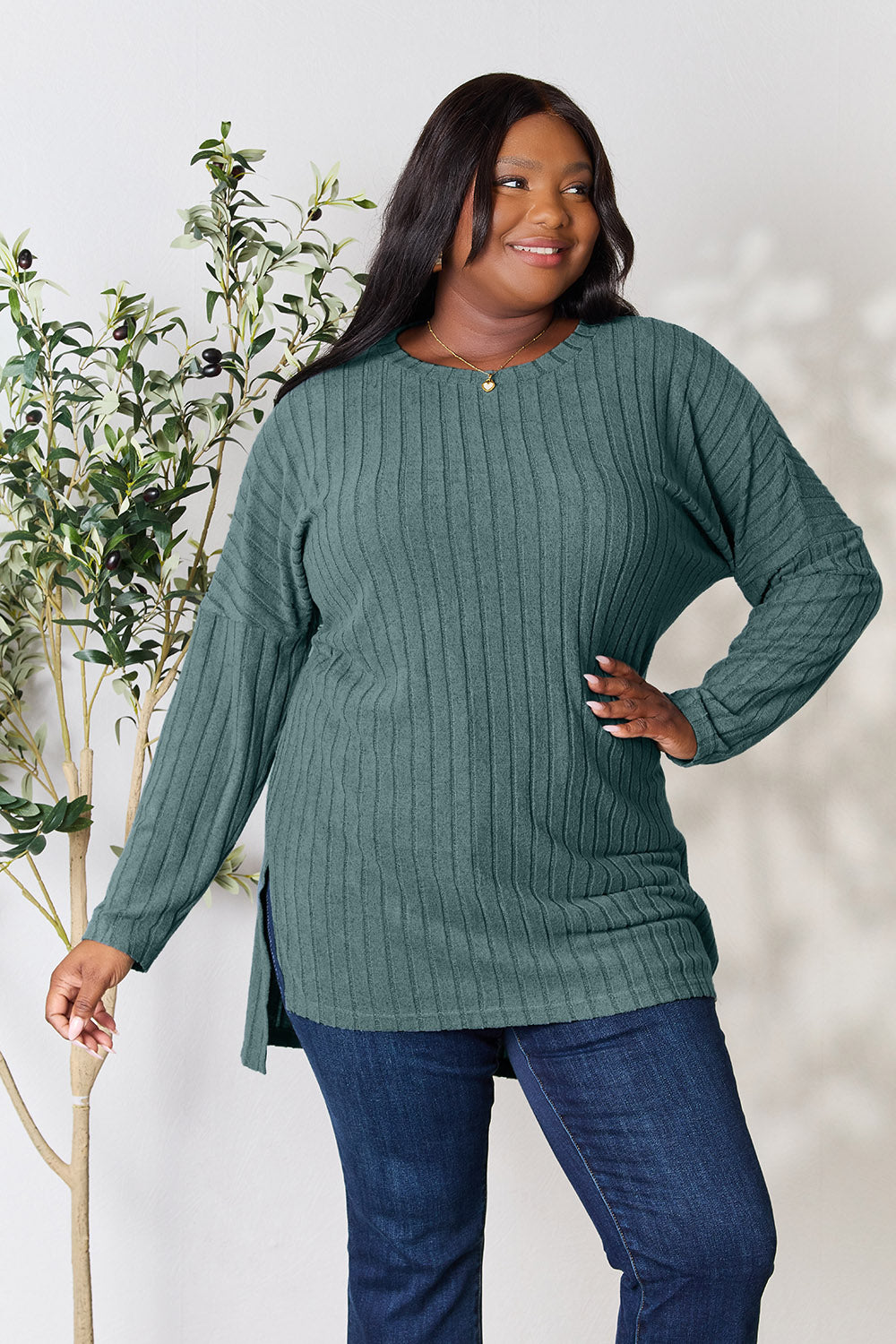 Basic Bae Full Size Ribbed Round Neck Long Sleeve Slit Top - Tote and Lounge