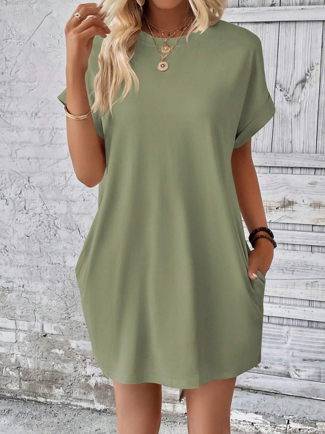 Round Neck Short Sleeve Mini Dress - Tote and Lounge