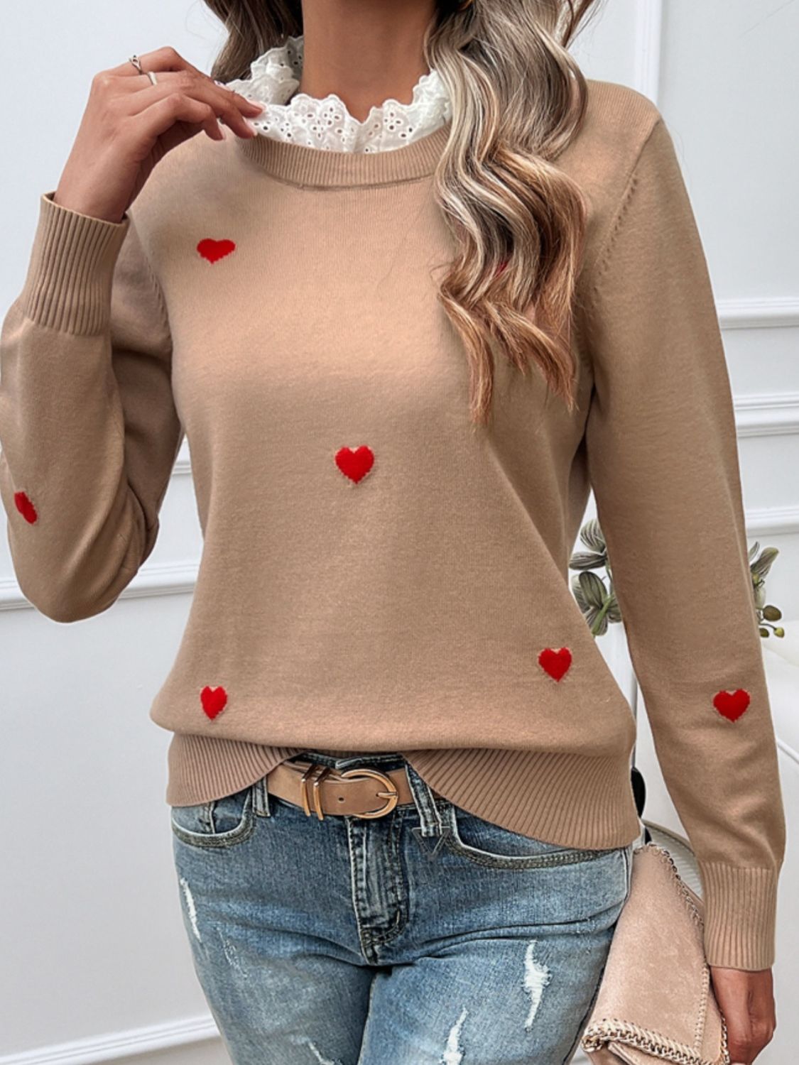 Lace Detail Heart Long Sleeve Sweater - Tote and Lounge