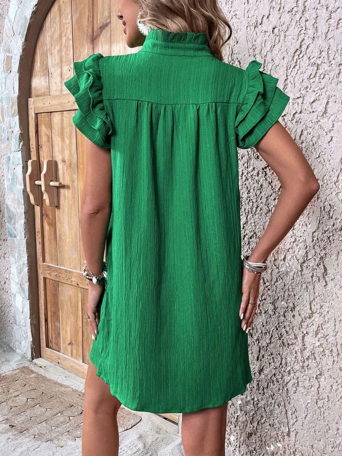 Ruffled Notched Cap Sleeve Mini Dress - Tote and Lounge