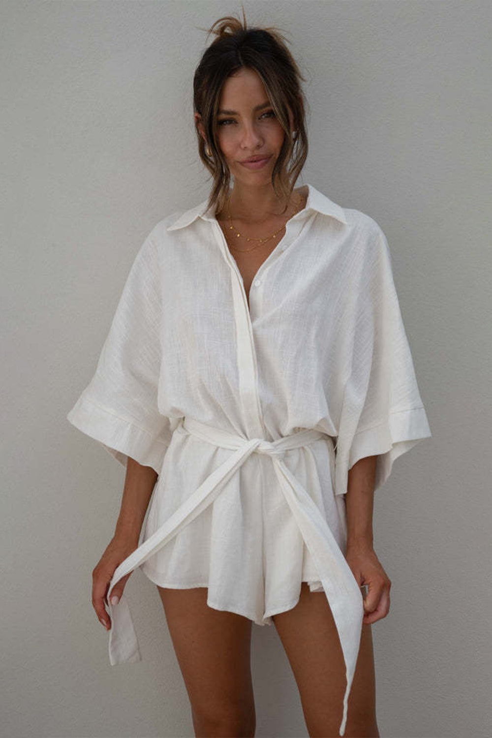 Tied Button Up Collared Neck Romper - Tote and Lounge