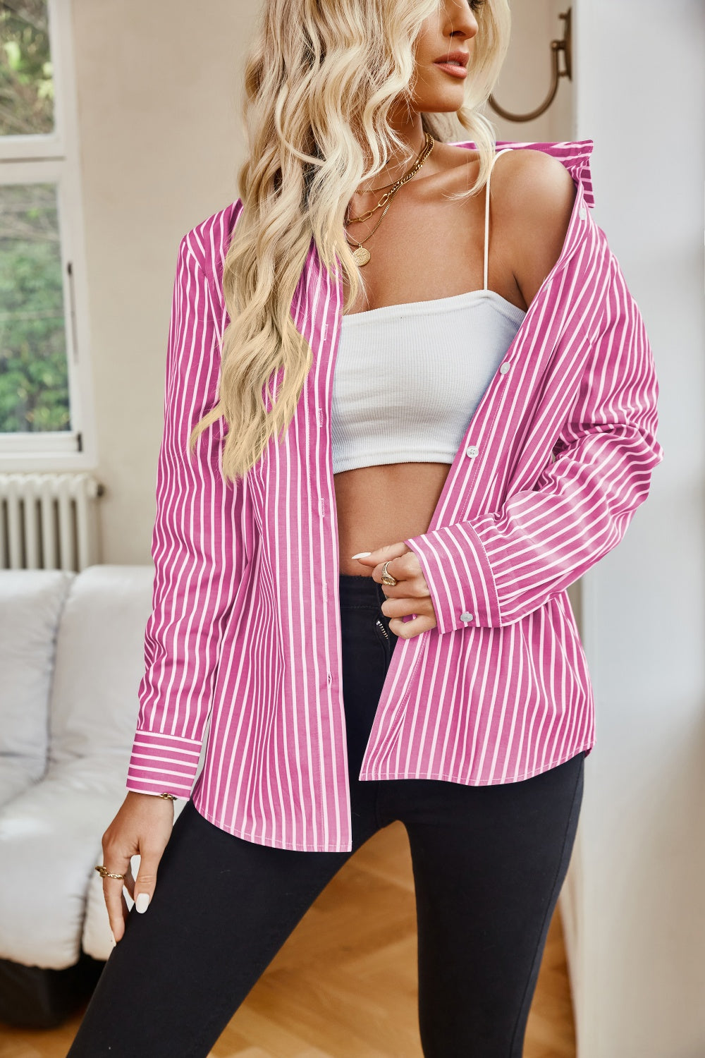 Striped Button Up Long Sleeve Shirt - Tote and Lounge