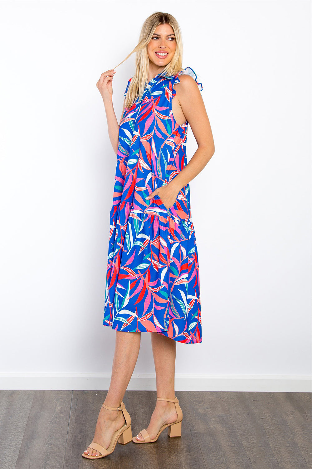 Be Stage Print Ruffled Midi Dress with Pockets - Tote and Lounge