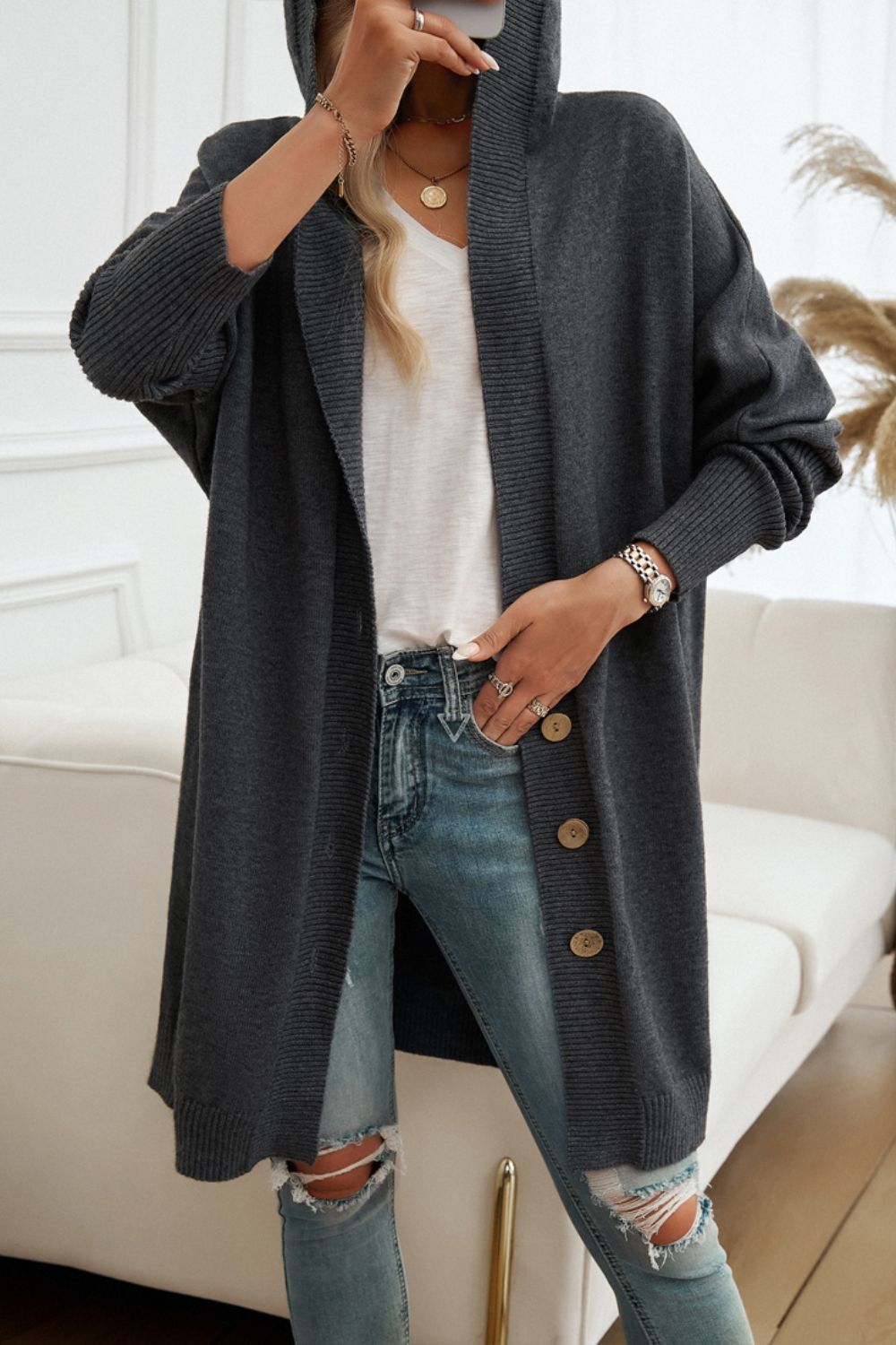 Button Up Long Sleeve Hooded Cardigan - Tote and Lounge