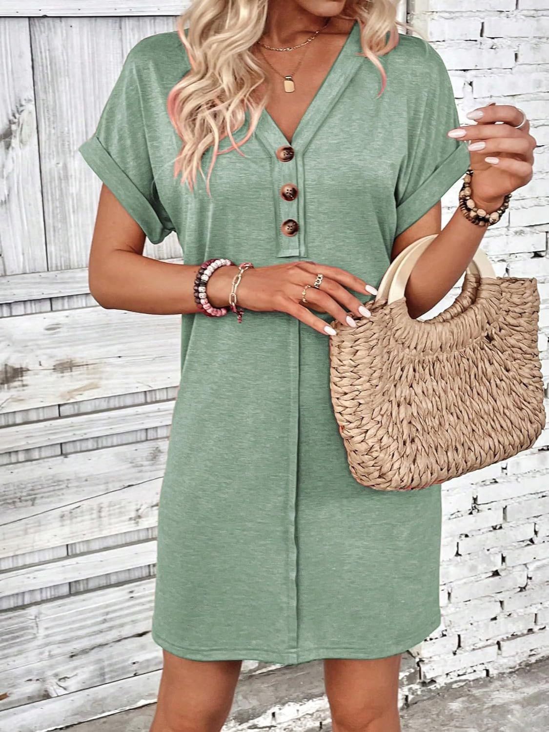 Quarter Button V-Neck Short Sleeve Dress - Tote and Lounge