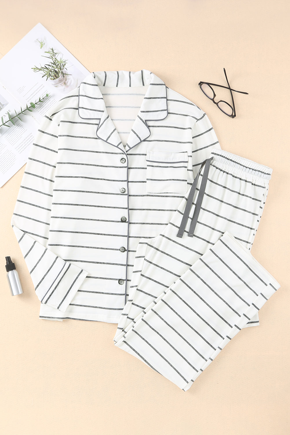 Striped V-Neck Long Sleeve Top and Pants Lounge Set - Tote and Lounge