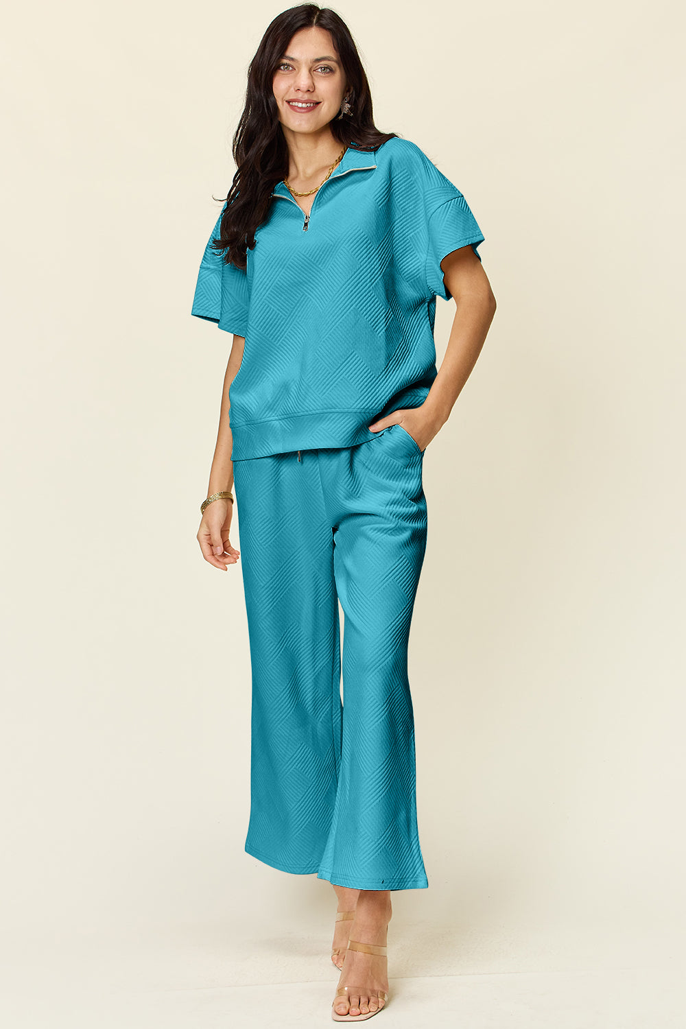 Double Take Full Size Texture Half Zip Short Sleeve Top and Pants Set - Tote and Lounge