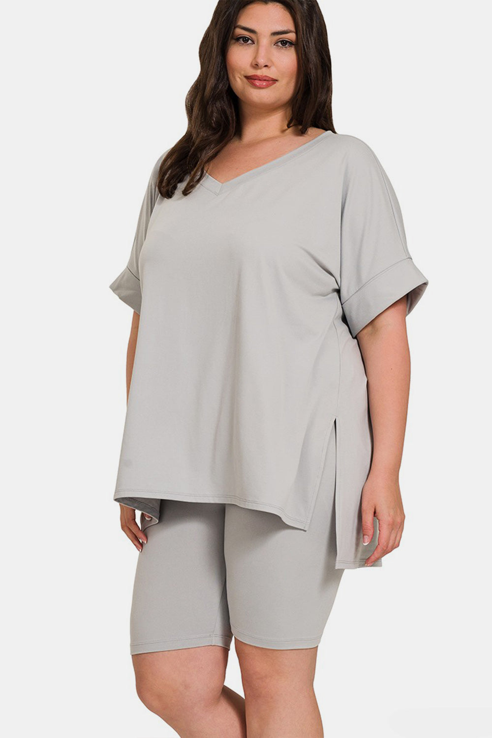 Zenana Full Size V-Neck Short Sleeve Slit T-Shirt and Shorts Set - Tote and Lounge