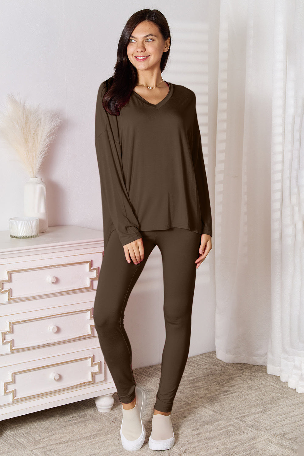 Basic Bae Bamboo Full Size V-Neck Long Sleeve Top and Pants Lounge Set - Tote and Lounge