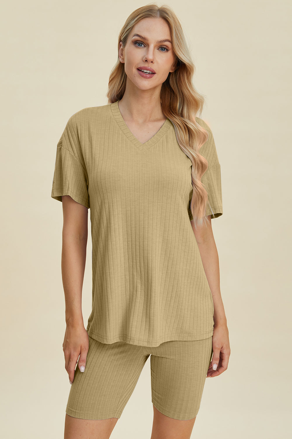 Basic Bae Full Size Ribbed V-Neck Short Sleeve Top and Shorts Set - Tote and Lounge