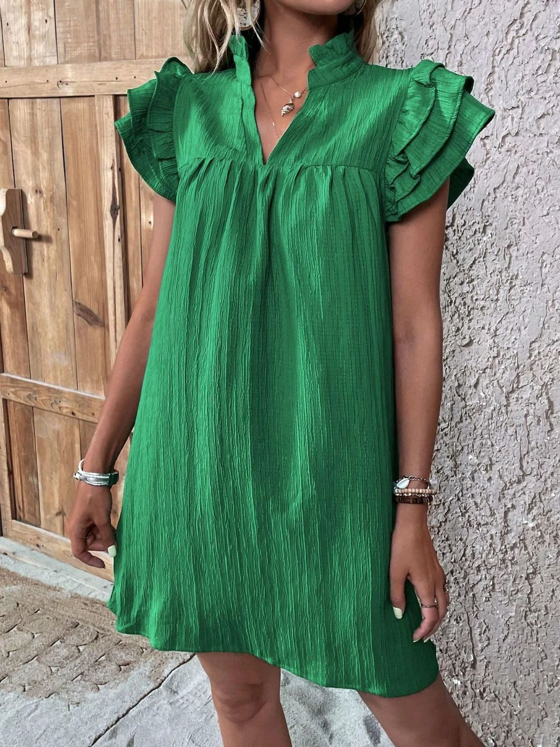 Ruffled Notched Cap Sleeve Mini Dress - Tote and Lounge